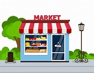 Storefront grocery store facade vector illustration. store building ...