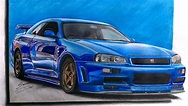 Nissan Skyline R34 drawing with pencil & watercolors | Skyline drawing ...