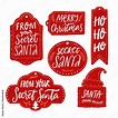 Secret Santa gift tags, red labels with text. Handwritten inscriptions ...