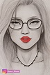 Pencil portrait drawing, quick girl sketch with glasses and bold red ...