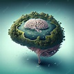 Una ilustración surrealista de un cerebro encima de una isla flotante ...
