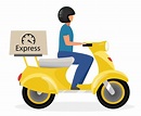 Express delivery flat vector illustration. Courier riding yellow ...
