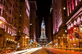 Night view of Philadelphia City Hall, as seen looking north from Broad ...