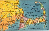 Linen postcard. Cape Cod Auto Map. Buzzards Bay, Nantucket Sound, Cape ...