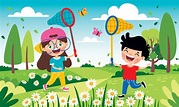 temporada de primavera con niños de dibujos animados 13474090 Vector en ...