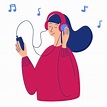 Vector cartoon illustration of young pretty woman in headphones ...