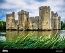 Medieval architecture 14th century Bodiam moated Castle with reeds in ...