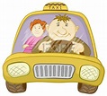 Cartoon, car taxi with a man driver and passenger a woman. Vector ...