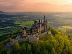 Aerial view of Hechingen, Baden-Württemberg, Germany with mount Hohenzollern, Hohenzollern ...
