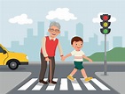 un niñito lindo ayuda a un anciano abuelo a cruzar la calle en el ...