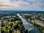Aerial View Of Eugene Oregon And Willamette River Stock Photo ...
