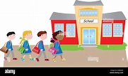 Back to school.Cuatro dibujos animados caminando felices los niños a la ...