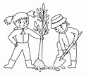 Vector black and white children planting tree illustration. Cute ...