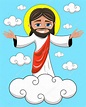 Dibujos animados sonriendo Jesús abre sus manos en el reino celestial 2023