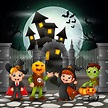 Niños felices de dibujos animados con fondo de halloween | Vector Premium