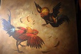 Cockfight OIl Painting on canvas signed R.L. Datu 1969