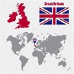 Mapa del Reino Unido en un mapa mundial con la bandera y el puntero del ...