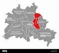 Lichtenberg city district red highlighted in map of Berlin Germany ...