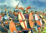 West Saxon warriors, thegns to the fore, stand in their shieldwall, the ...
