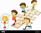 Ilustración de muchos niños jugando rayuela Imagen Vector de stock - Alamy