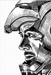 a black and white drawing of a man wearing a helmet with his face ...