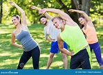 Group of Happy People Exercising at Summer Park Stock Image - Image of ...