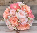 Silk Bridal Bouquet with Peach Roses, Coral Dahlias — Holly's Wedding ...