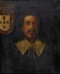 Retrato de nobre português, trajando à maneira do séc. XVII, com armas ...