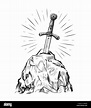 Excalibur sword in the stone. Hand drawn sketch in vintage engraving ...