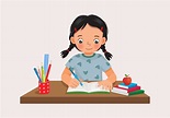 Cute little girl sitting on the desk studying writing on notebook doing ...