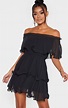 Black Chiffon Bardot Ruffle Tiered Dress | PrettyLittleThing CA