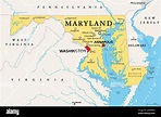 Maryland, MD, mapa político. Estado en la región del Atlántico Medio de ...