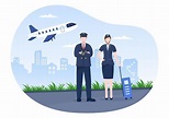 Pilot Cartoon Vector Illustration with Airplane, Air Hostess, City or ...