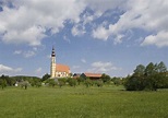 Austria, Eggelsberg, Church in rural landscape stock photo