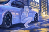 a painting of a woman kneeling next to a parked car on a city street at ...