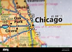 Primer plano de Chicago, Illinois, en un mapa de carreteras de los ...