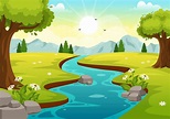 río paisaje ilustración con ver montañas, verde campos, arboles y ...