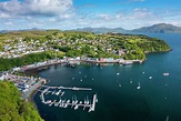 Aerial view from drone of village of Tobermory on Isle of Mull, Argyll ...