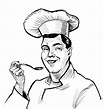 Un dibujo en blanco y negro de un chef con una cuchara en la mano ...