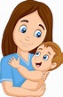 Madre feliz de dibujos animados abrazando a su bebé | Vector Premium