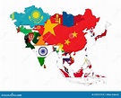 Mapa De Países De Asia Con Banderas Nacionales Ilustración del Vector ...