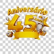 Aniversário 45 Anos Selo 3D Dourado com Fita e Balões Branca para ...