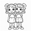 Two Little Sisters Coloring Pages Outline Sketch Drawing Vector, Easy ...