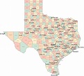 Multi Color Texas Map with Counties, Capitals, and Major Cities
