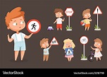 Kids rules road school people with traffic signs Vector Image