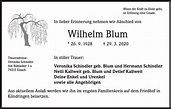 Wilhelm Blum: Traueranzeige : Badische Zeitung