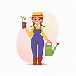 Cute Gardener girl in overalls and straw hat holds flower pot with a ...
