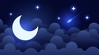 Fondo de cielo nocturno místico con media luna, nubes y estrellas ...