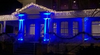 Front porch lit with blue up lights | Front porch lighting, Porch ...