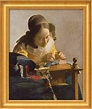 Bild "Die Spitzenklöpplerin" (1669-70), gerahmt von Jan Vermeer van ...